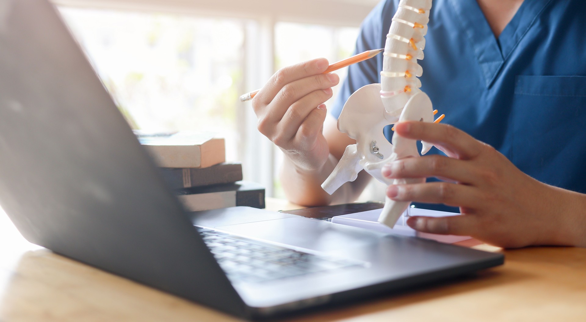 close up physical therapist chiropractor hand pointing on human skeleton at middle back to advise and consult to patient to treatment at office for telemedicine healthcare concept